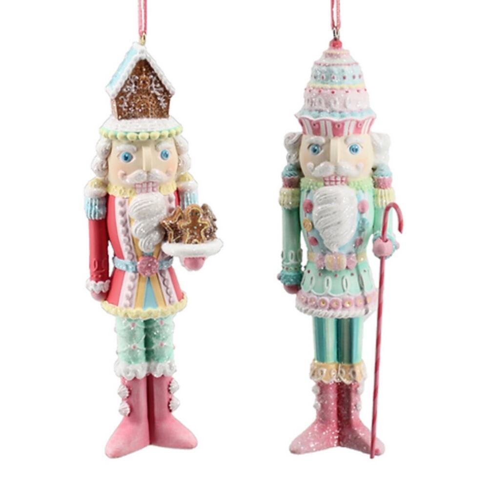 2 Christmas Nutcracker Ornaments w/ Gingerbread Cookies House Cake Pastel Pink